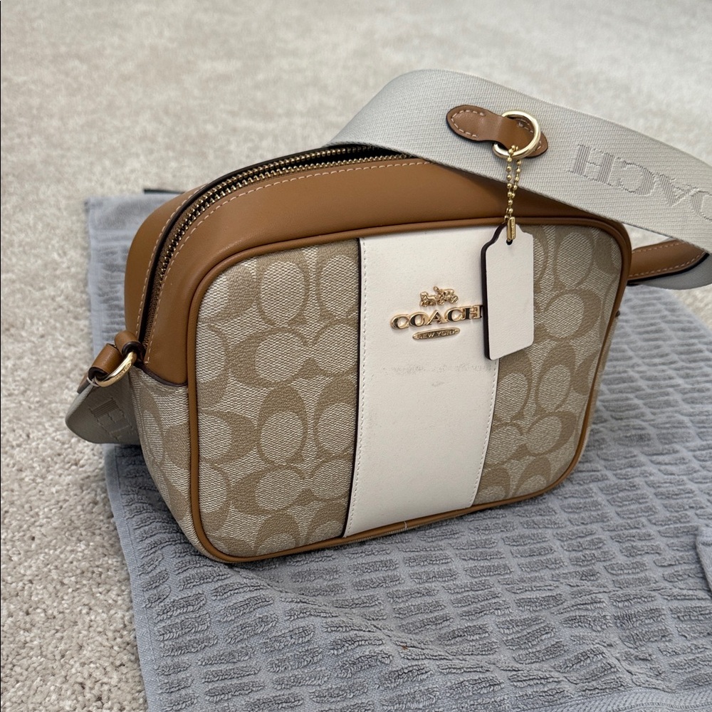 Coach Tan and Cream Signature Medium Shoulder Bag